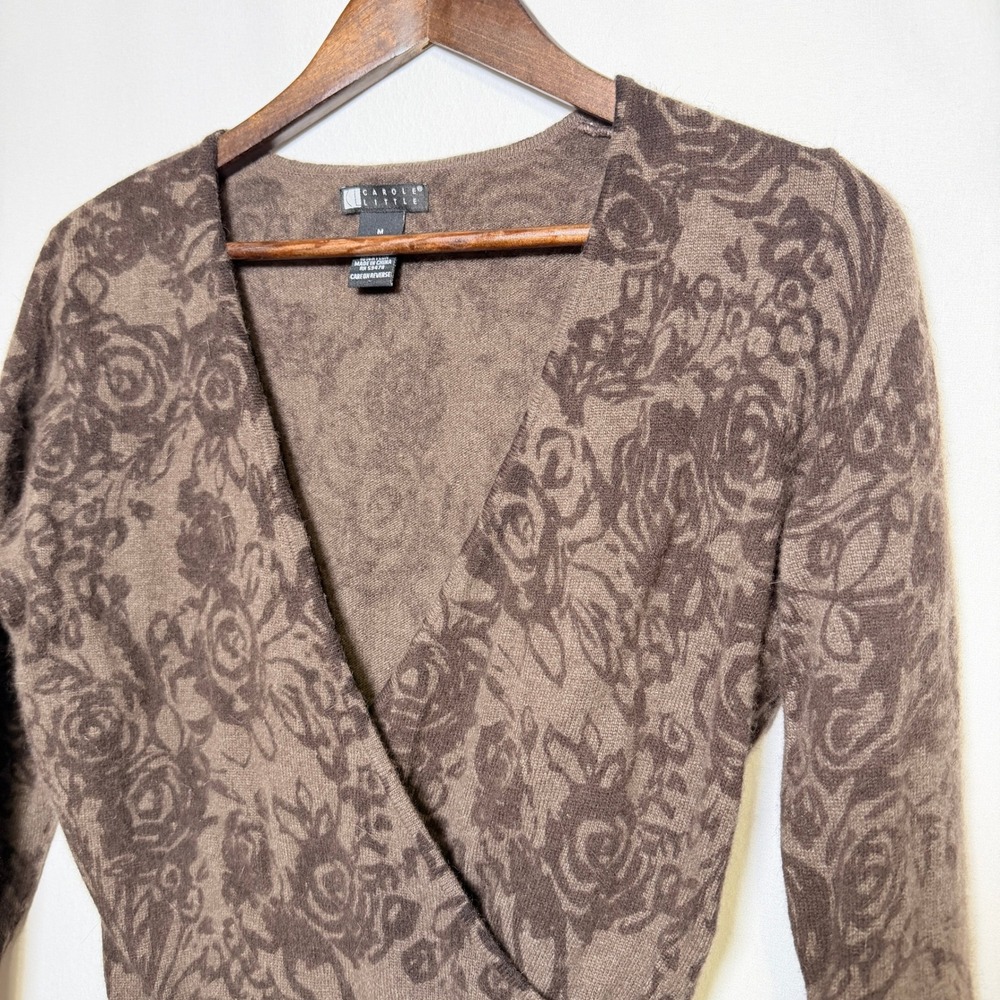 Carole Little Brown Floral Lambs Wool Angora Wrap V-Neck Sweater Womens Medium